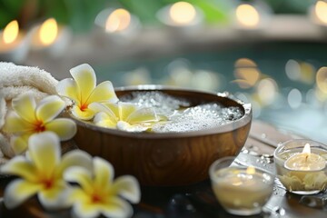Tranquil spa setting with a wooden bowl of water, flowers, and candles, evoking relaxation - 784311409