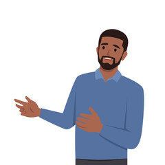 Young man character talking or communicating sharing his opinion. Flat vector illustration isolated on white background