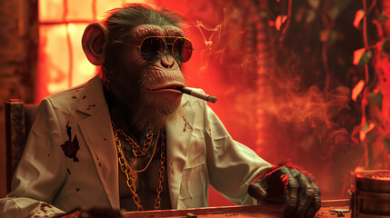 Obraz premium Anthropomorphic Monkey in Suit, Vintage Gangster Style