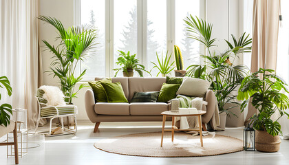 Obraz premium Interior of living room with green houseplants and sofas