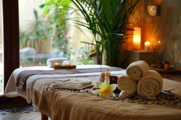 Tranquil spa setting with massage table, towels, and peaceful ambiance - 784311605