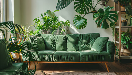 Interior of living room with green houseplants and sofas