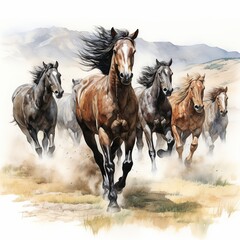 illustration of wild horses running colored drawing illustration, Generative ai