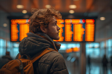 a man near the schedule board at the airport. Man looks at the flight schedule on the screen in the terminal. Blurred boarding and departure schedule in airport entrance background