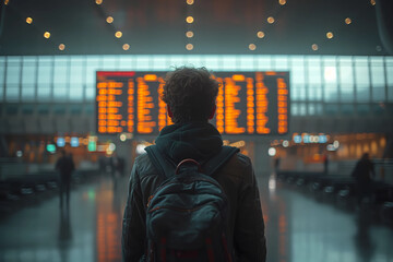 a man near the schedule board at the airport. Man looks at the flight schedule on the screen in the terminal. Blurred boarding and departure schedule in airport entrance background