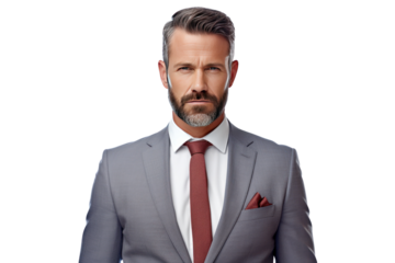 A confident businessman stares into the camera. Isolated on a transparent background.