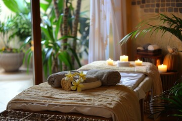 Tranquil spa scene with massage table, candles, towels, and flowers for a peaceful atmosphere - 784312227