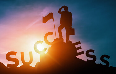 Achievement and Business Goal Success Concept - Creative business people with icon graphic...