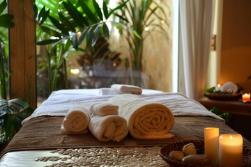 Tranquil spa ambiance with neatly rolled towels, flickering candles, and lush greenery in the backdrop - 784312400