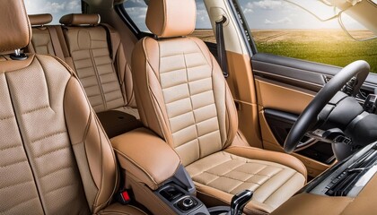 Modern luxury car interior. Brown leather seats, steering wheel and dashboard
