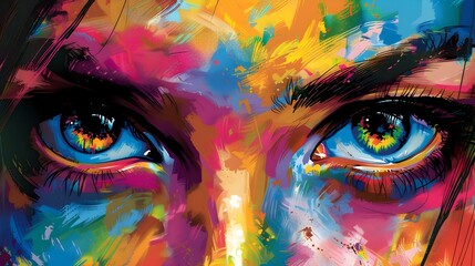 Vibrant and Captivating Digital Pop Art Portrait with Striking Colorful Facial Features and Expressive Gaze