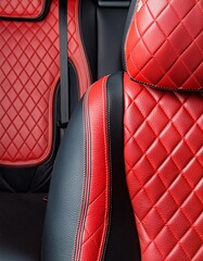 Red leather car seats. Interior of modern luxury car. Car detailing.
