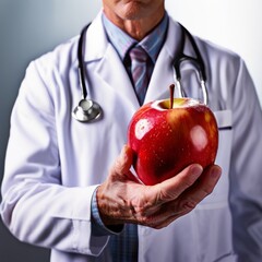 Close-up of a physician's hand clad in a pristine white coat, holding a bright red apple