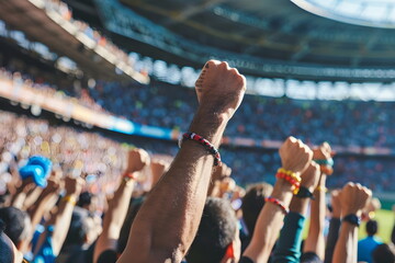 Fototapeta na wymiar Cheering with raised hands on a football match in a stadium