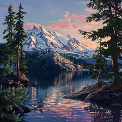 Pacific Northwest Landscape - A Serene Sunset Over Crystal Lake - obrazy, fototapety, plakaty