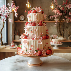 Three tier Elegant Strawberry Cream Cake: A Symphony in Pink and Cream