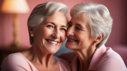 Happy lesbian lgbtq couple in love cuddling and laughing on pink background. Two senior stylish diverse pretty women hugging and bonding. LGBT relationship lifestyle concept