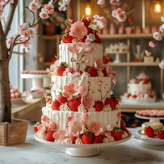 Three tier Elegant Beautiful Strawberry Cream Cake: A Symphony in Pink and Cream