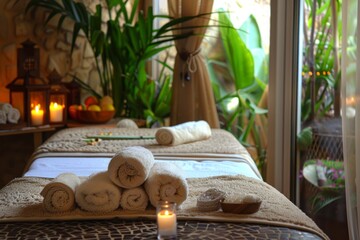 Tranquil spa treatment room bathed in soft natural light, ready for relaxation and rejuvenation - 784313263