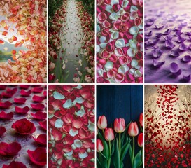 Beautiful romantic backgrounds for phone stories and social networks: flowers, pink petals, tulips, violets