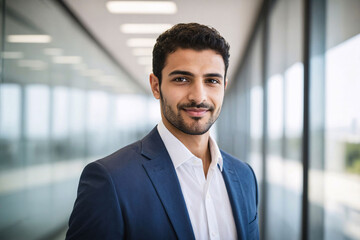Obraz premium young age middle eastern businessman standing in hallway of modern office, successful arabic business man portrait, saudi corporate manager, assistant to ceo, starter newcomer
