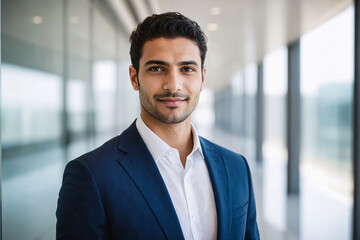 Naklejka premium young age middle eastern businessman standing in hallway of modern office, successful arabic business man portrait, saudi corporate manager, assistant to ceo, starter newcomer