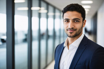 Obraz premium young age middle eastern businessman standing in hallway of modern office, successful arabic business man portrait, saudi corporate manager, assistant to ceo, starter newcomer