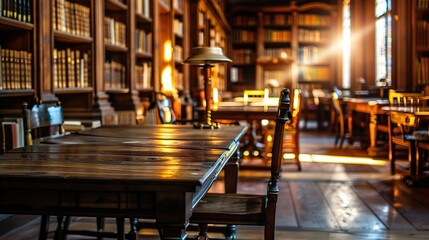 A beautiful library with wooden tables and chairs, filled with books and a warm golden light shining through the windows. - obrazy, fototapety, plakaty