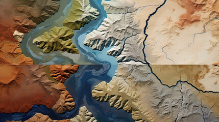 A mosaic of aerial views showcasing Earth's textures, sprawling deserts, winding rivers, verdant rainforests, and snowy tundras Background Ai Generative