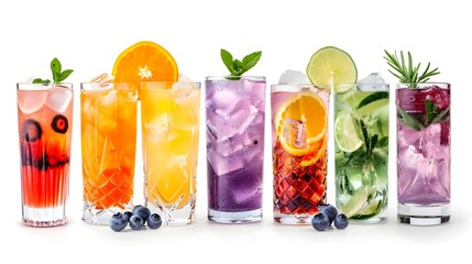 Assortment of Vibrant Cocktail and Mocktail Beverages on Clean White Background