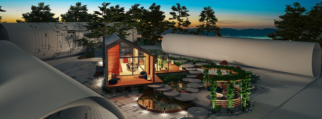 Bauplanung eines energieeffizienten Einfamilienhauses in moderner Scheunenarchitektur mit Garten und Terrasse bei Nachtbeleuchtug (Blue Hour Sky im Hintergrund) - panoramische 3D Visualisierung - 784314006