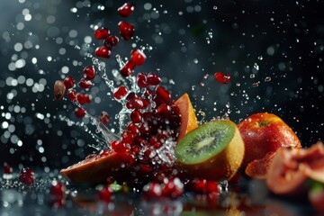 Colorful fresh fruit with splashing water on a dark background - 784314062