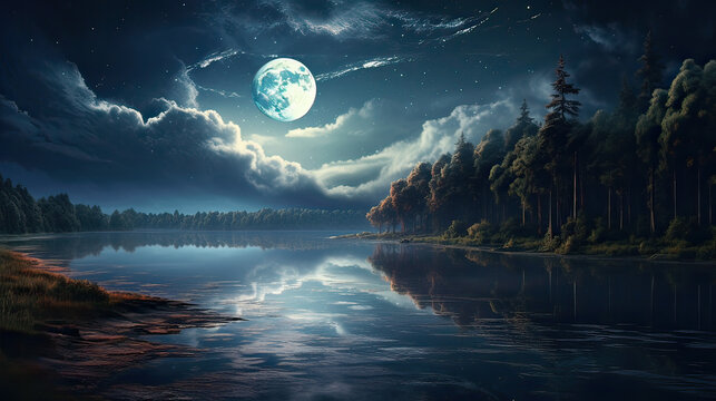 A peaceful night landscape under a bright full moon, casting a silvery glow over a calm lake Background Ai Generative