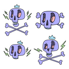 Set of cute cartoon skulls with crown hand drawn. Funny skull stickers for Halloween design. Vector illustration isolated on white background.