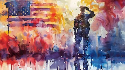 Patriotic Soldier Salute Under Vibrant Watercolor American Flag - obrazy, fototapety, plakaty