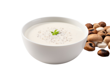 Cream of mushroom soup, various types of mushrooms, cream, milk, sprinkled with black pepper in a white cup, Isolated on transparent background.