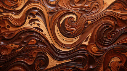A rich, flowing abstract design resembling melted milk chocolate, with swirls and waves in creamy brown tones background Ai Generative - obrazy, fototapety, plakaty