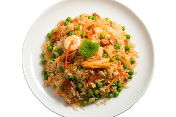 Crab fried rice with large pieces of crab meat, shrimp, green peas, carrots on a white plate, Isolated on transparent background.