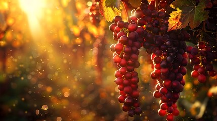 Ripe Grapes in Vibrant Autumn Vineyard with Golden Sunlight and Lush Foliage