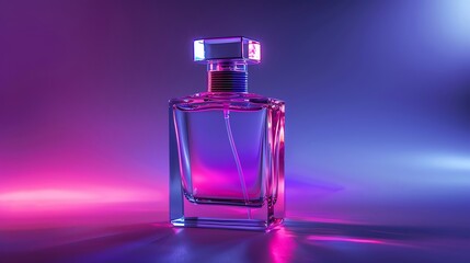 Obraz na płótnie Canvas A sleek glass perfume bottle, bathed in neon light, stands as a testament to modern perfumery, inviting the viewer to explore the world of fragrance and allure
