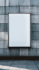 A white billboard stands against a gray wall, a blank canvas awaiting a message or advertisement to capture the attention of passersby - obrazy, fototapety, plakaty