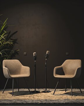Two chairs and microphones stand ready in a podcast or interview room, set against a dark backdrop, inviting engaging conversations and media interactions, with ample space for creativity