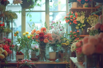 Array of vibrant flowers inside a delightful flower boutique - 784315221