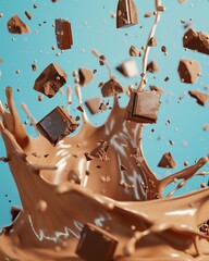 A 3D rendered splash of chocolate milk, with cartoonish milk and chocolate chunks flying