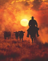 A cowboy silhouette herding cattle at sunset, embodying a wild west ambiance - obrazy, fototapety, plakaty