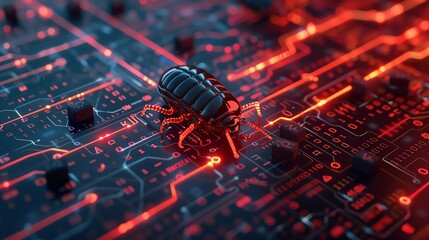 A digital bug entrapped within a glowing red firewall, symbolizing cybersecurity and digital protection - obrazy, fototapety, plakaty