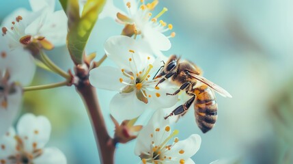 A macro shot capturing the moment of pollination with a bee on blossoms - obrazy, fototapety, plakaty