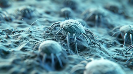 A microscopic perspective of dust mites on a fabric surface, highlighting their details