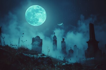 A misty graveyard at midnight featuring ghostly apparitions floating above ancient tombstones under the glow of a full moon - obrazy, fototapety, plakaty