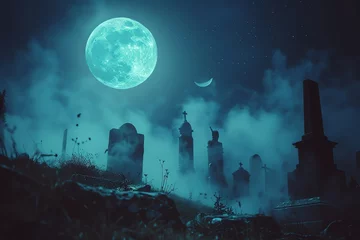 Fotobehang A misty graveyard at midnight featuring ghostly apparitions floating above ancient tombstones under the glow of a full moon © Pairat